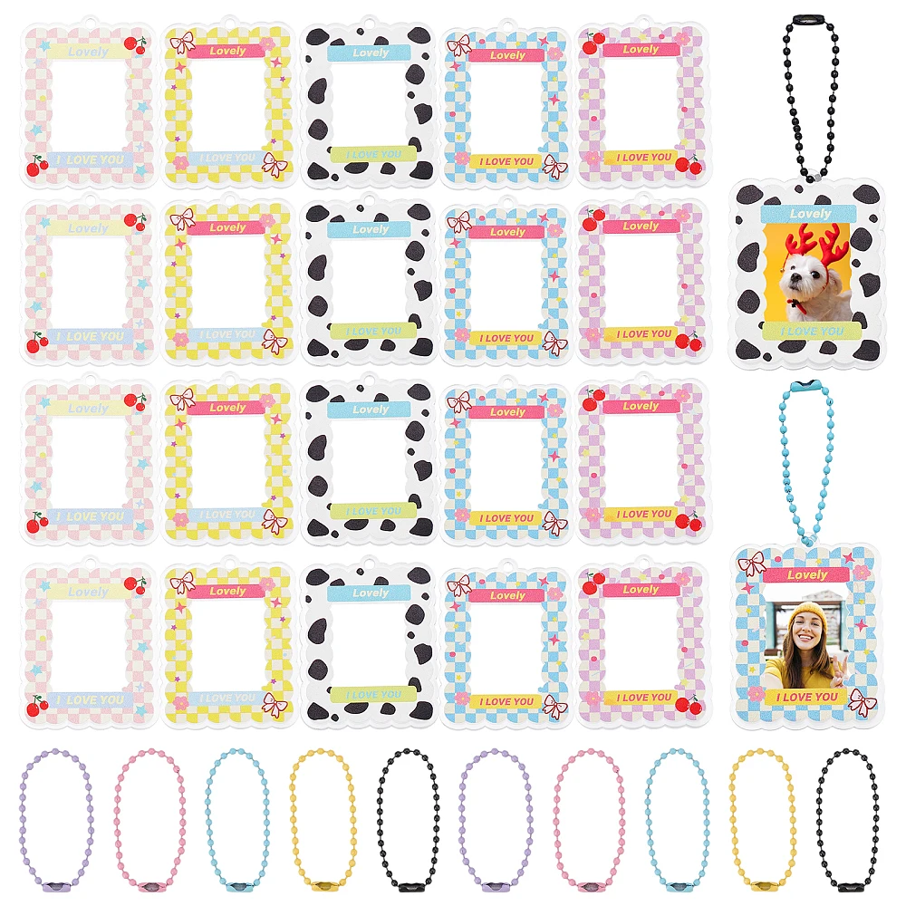 20Pcs 5 Style Acrylic Photocard Sleeve Keychain with Iorn Ball Chains Rectangle Mixed Color 104mm Hole: 3mm 4Pcs/style