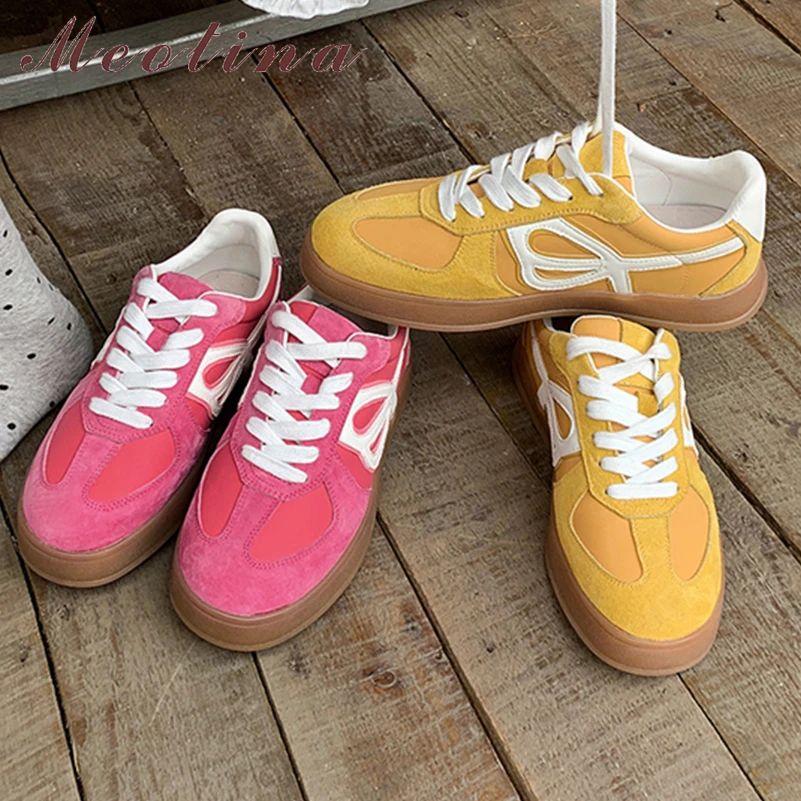 

Meotina Women Genuine Leather Sneakers Round Toe Flats Cow Suede Lace-up Ladies Fashion Casual Shoes Spring Autumn Rose-red 40