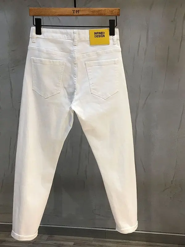 

Облегающие белые джинсы, мужские элитные джинсовые повседневные эластичные летние брюки, корейские дышащие молодежные модные джинсы