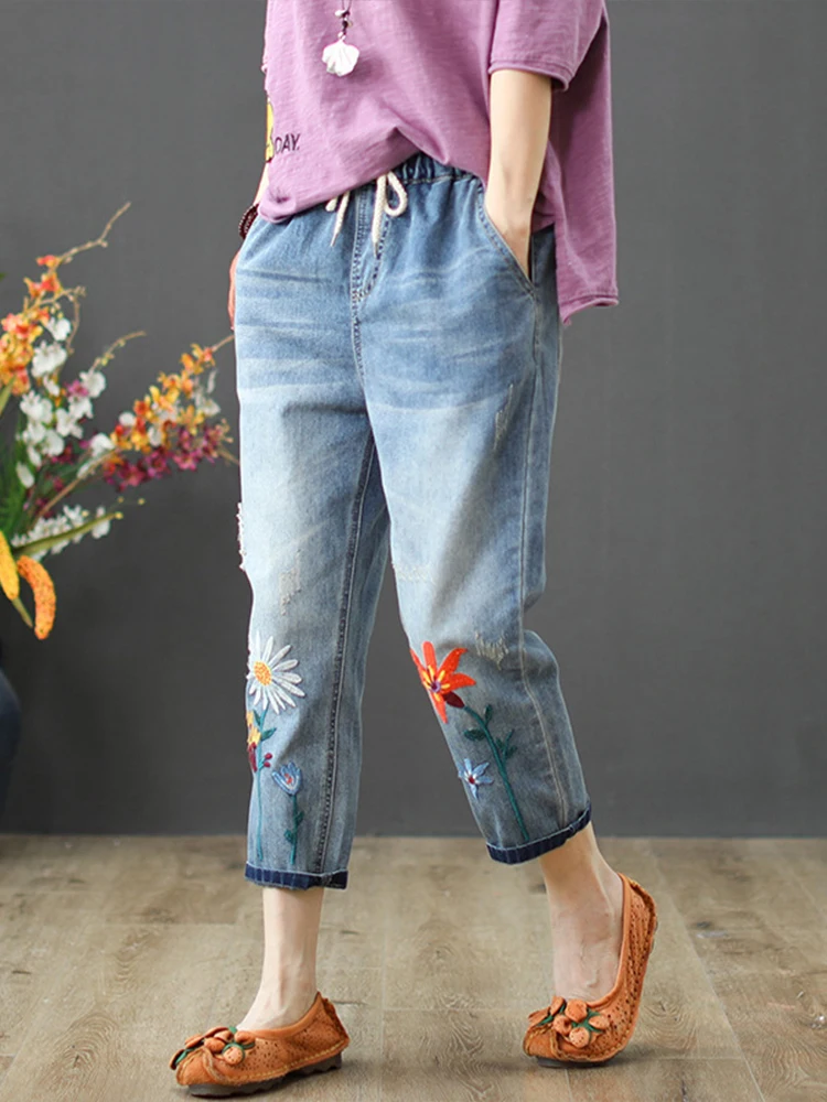 Max LuLu 2023 New Fashion Summer Ladies Elastic Jeans Women Casual Floral Embroidery Denim Trousers Female Oversized Harem Pants