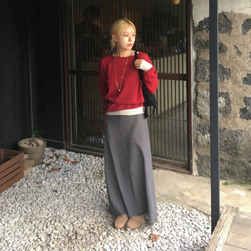 Set Sweater Rajut Tipis dengan Rok Panjang Bergaris dan Tali Serut, Model Santai, Gaya Musim Gugur untuk Wanita