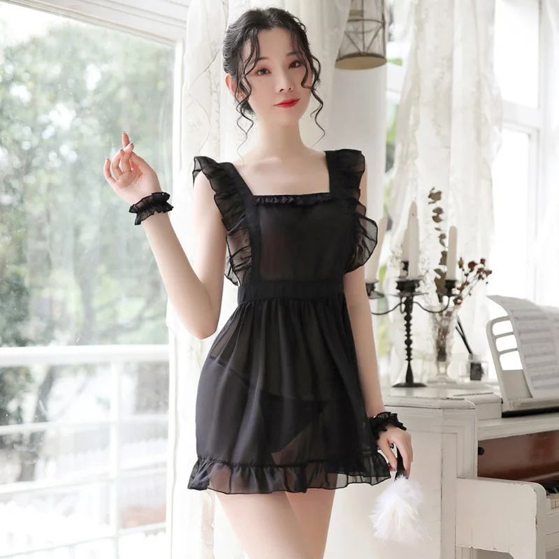 Sexy Seductive Transparent Women Apron Dress Black White Adult Couple Girl Maid Cosplay Club Bar Party Restaurant Bib Uniform