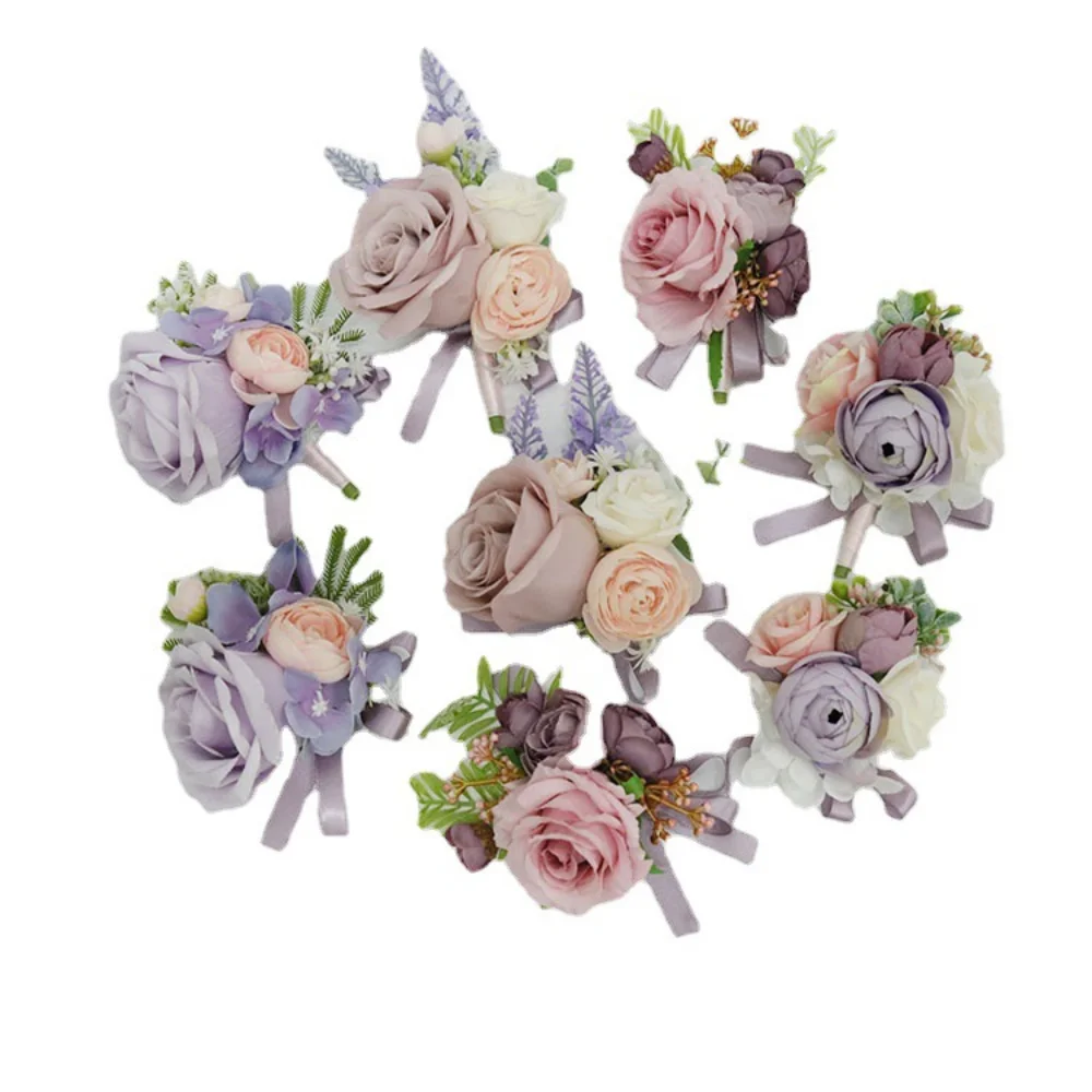 Boutonnière violette et CAN ac pour mariage, bracelet de demoiselle d'honneur, corsage d'injtrash, fleurs de marié, homme