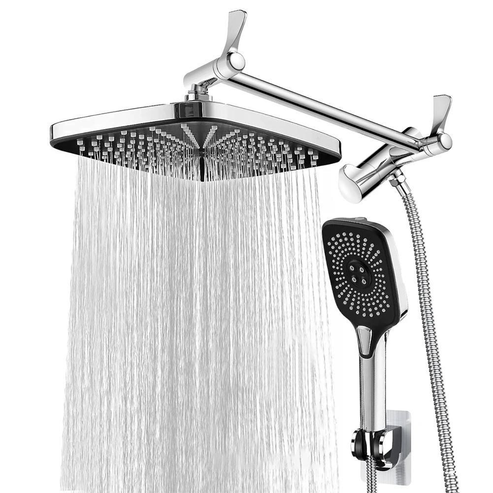 

12 Inch Rainfall Rain Shower System Height/Angle Adjustable Top Spray Wall-Mount Shower Set 3+1 Settings Pressurized Shower Head