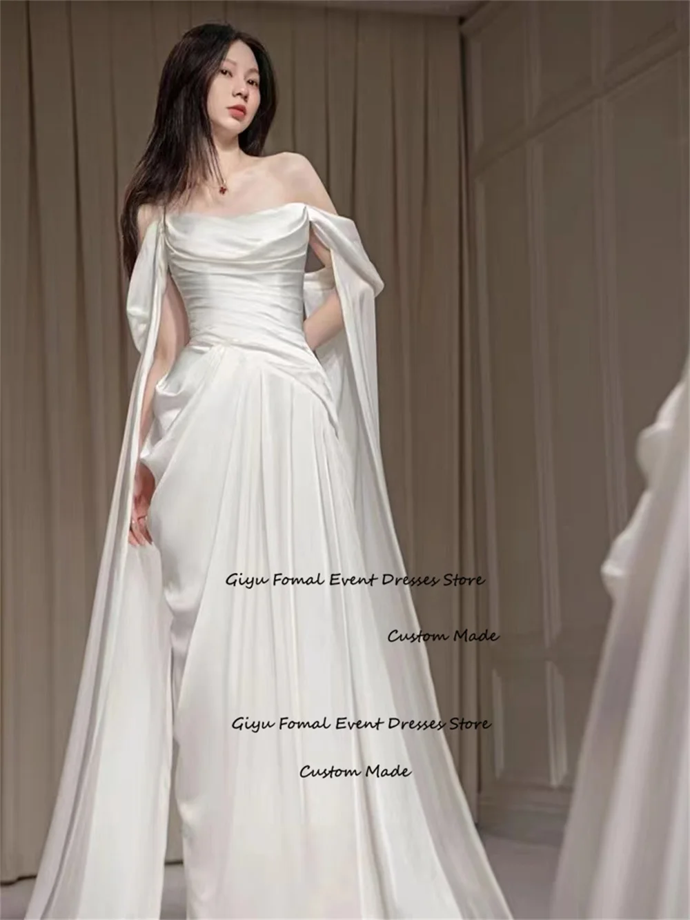 Giyu Elegant Pleat Korea Wedding Dress Photoshoot Off The Shoulder Floor-length Vestidos Novias Boda 웨딩드레스 Bridal Gown