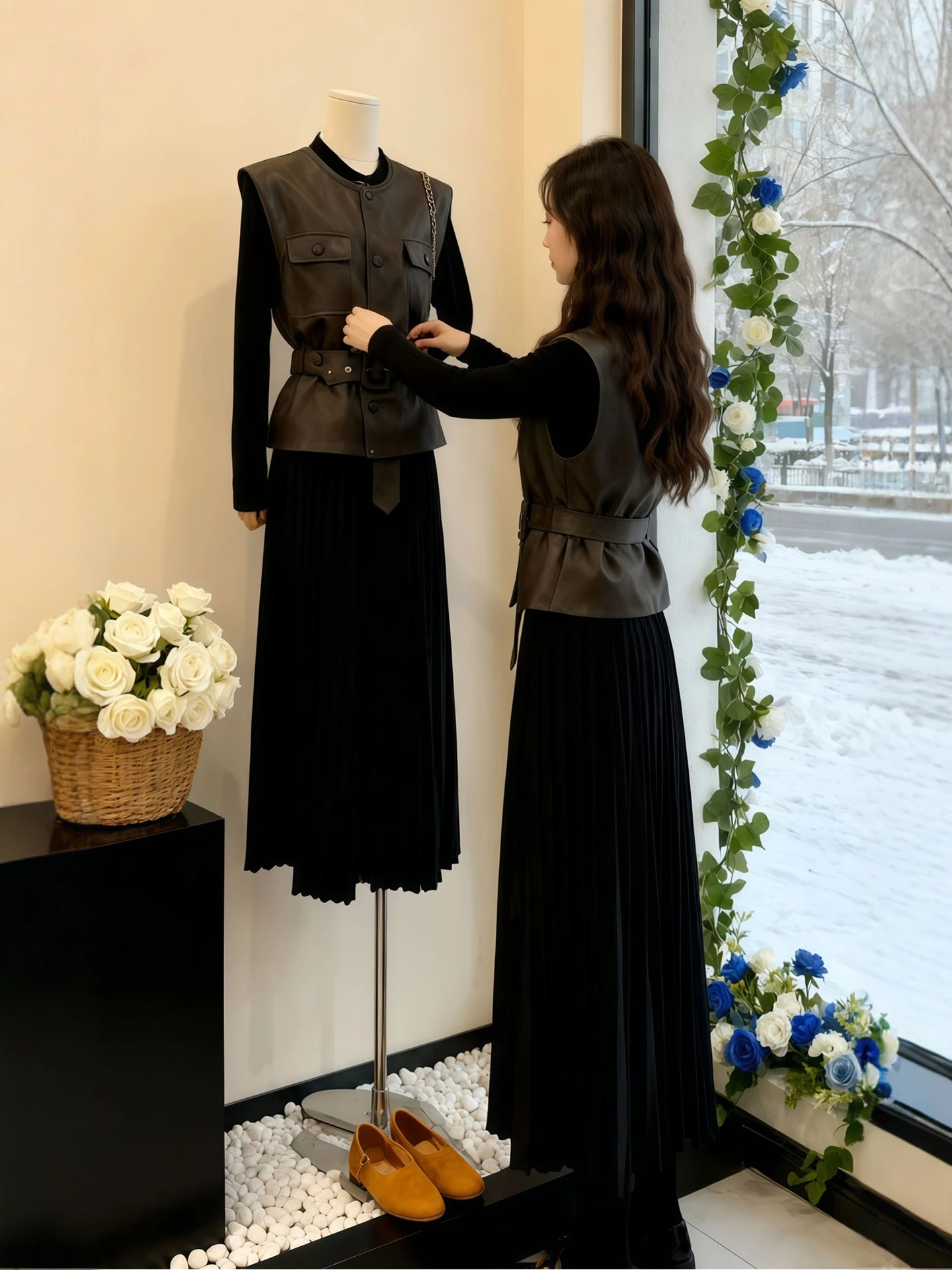 

plus Size PU Leather Vest Dr Set Women's Layered Wear Autumn Winter Faion Casual Sle High Waist round Ne Button Closure