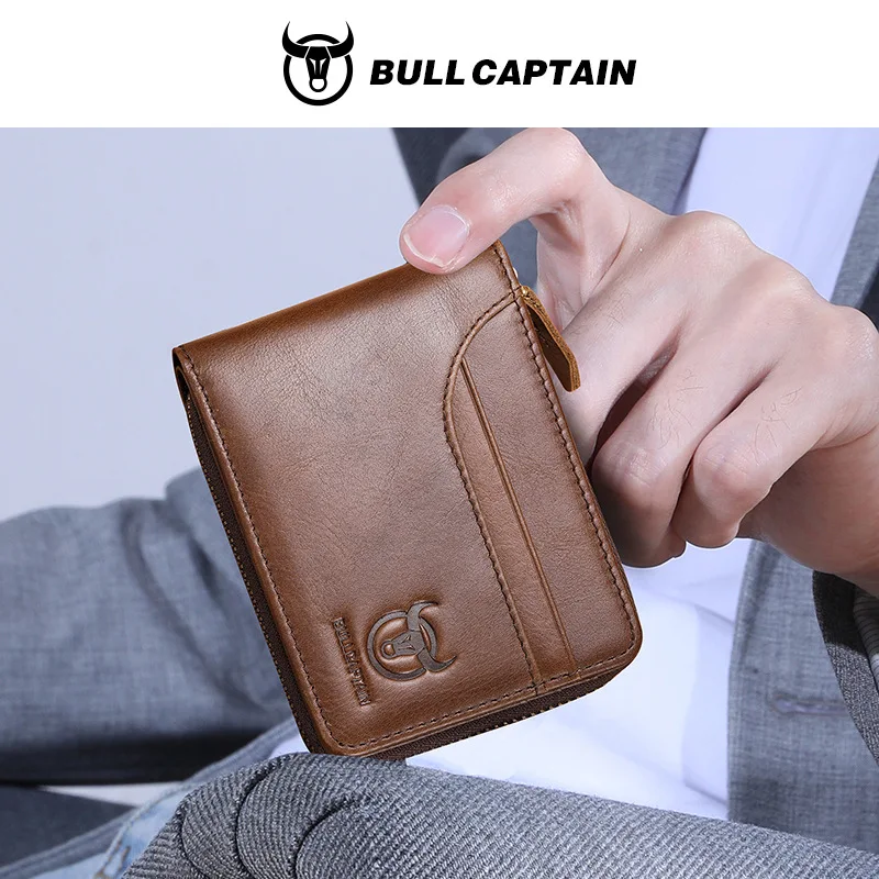 Genuine leather men's wallet, vertical zipper, casual short style, multi-functional photo album, driver's license wallet
