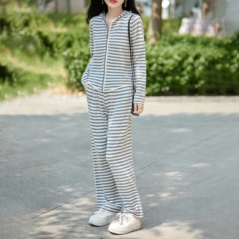 

Women's 100% Merino Wool Knitted Suit Loose Hooded Zipper Cardigan Joker Striped Color Matching Trousers Autumn New Suit Pants