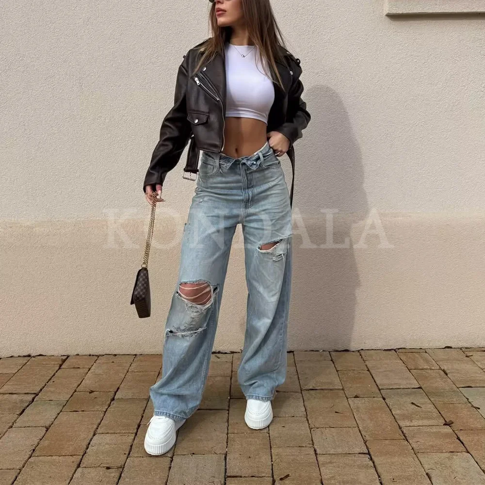 

KONDALA 2026 Spring Summer Elegant Women Denim Wide Leg Pants Fashion Going Out Vacation Ripped Ladies Loose Denim Pants