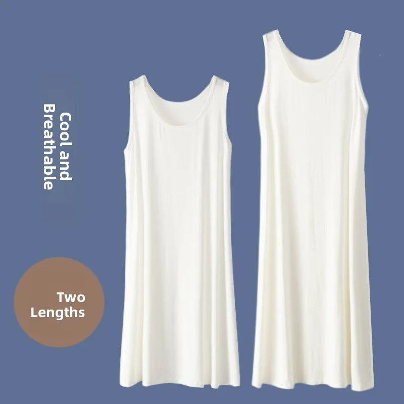 

Loose Sleeveless Long Dress Women Summer round Neck Sleepwear Thin Base Skirt Home Knee-Length One-Piece Polyester Fiber
