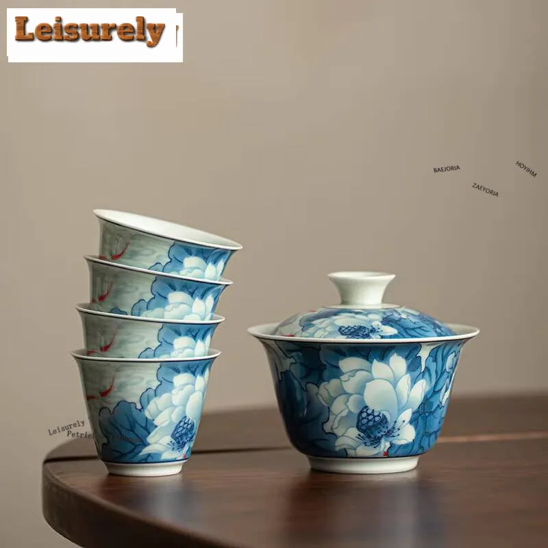 

Antique Blue And White Porcelain Lotus Cover Bowl Zen Master Cup Set With Teapot Holder Tea Pair 1 Bowl 4 Cups Set Teaware Craft
