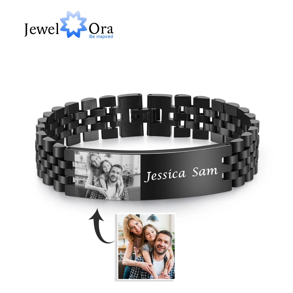 

Personalize Men Stainless Steel Bracelet 25cm with Photo Engraving Chain Watchband Bangle Jewelry Gift for Father Grandpa Son