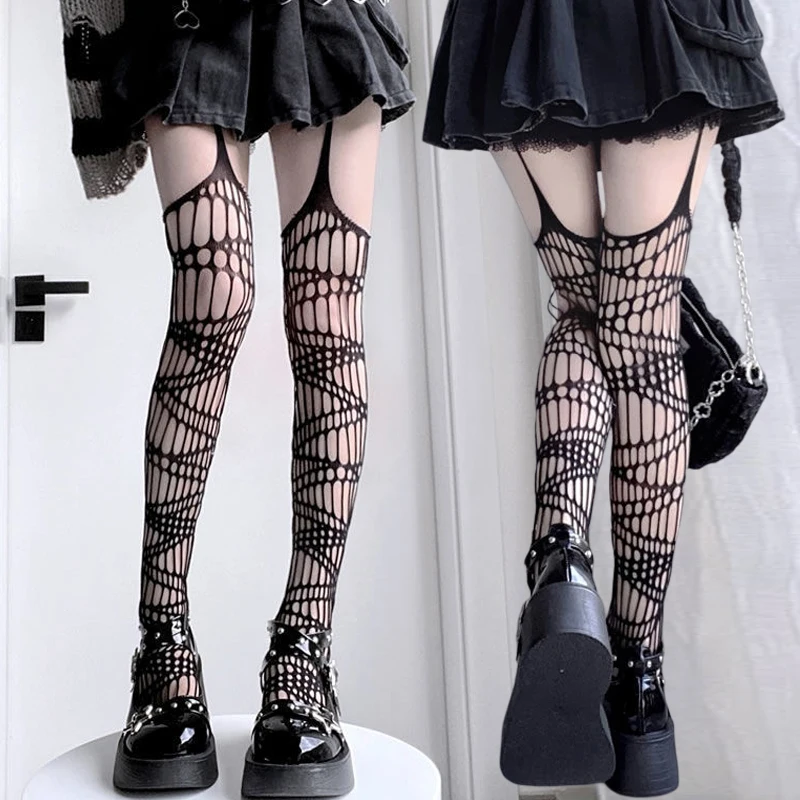 Gothic Bat Long Sexy Fishnet Stockings Women Harajuku Emo Alternative Mesh Bat Tights Lingerie Skin Thigh High Garters Hosiery