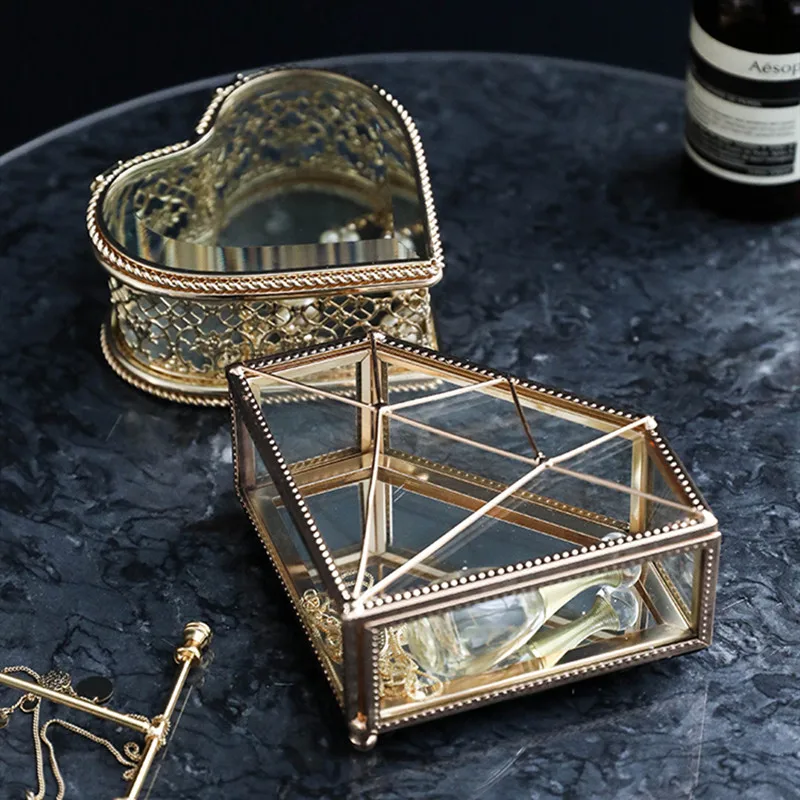 

European Diamond Shape Jewelry Storage Box Glass Mini Earring Stud Organizer Desktop Ring Makeup Collect Showcase Box