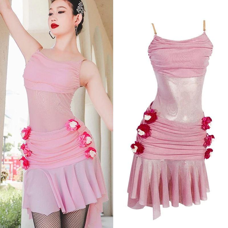 

2024 Latin Dance Dress For Women Pink Sling Practice Clothes Chacha Rumba Tango Adult Female Latin Performance Clothes DN18807