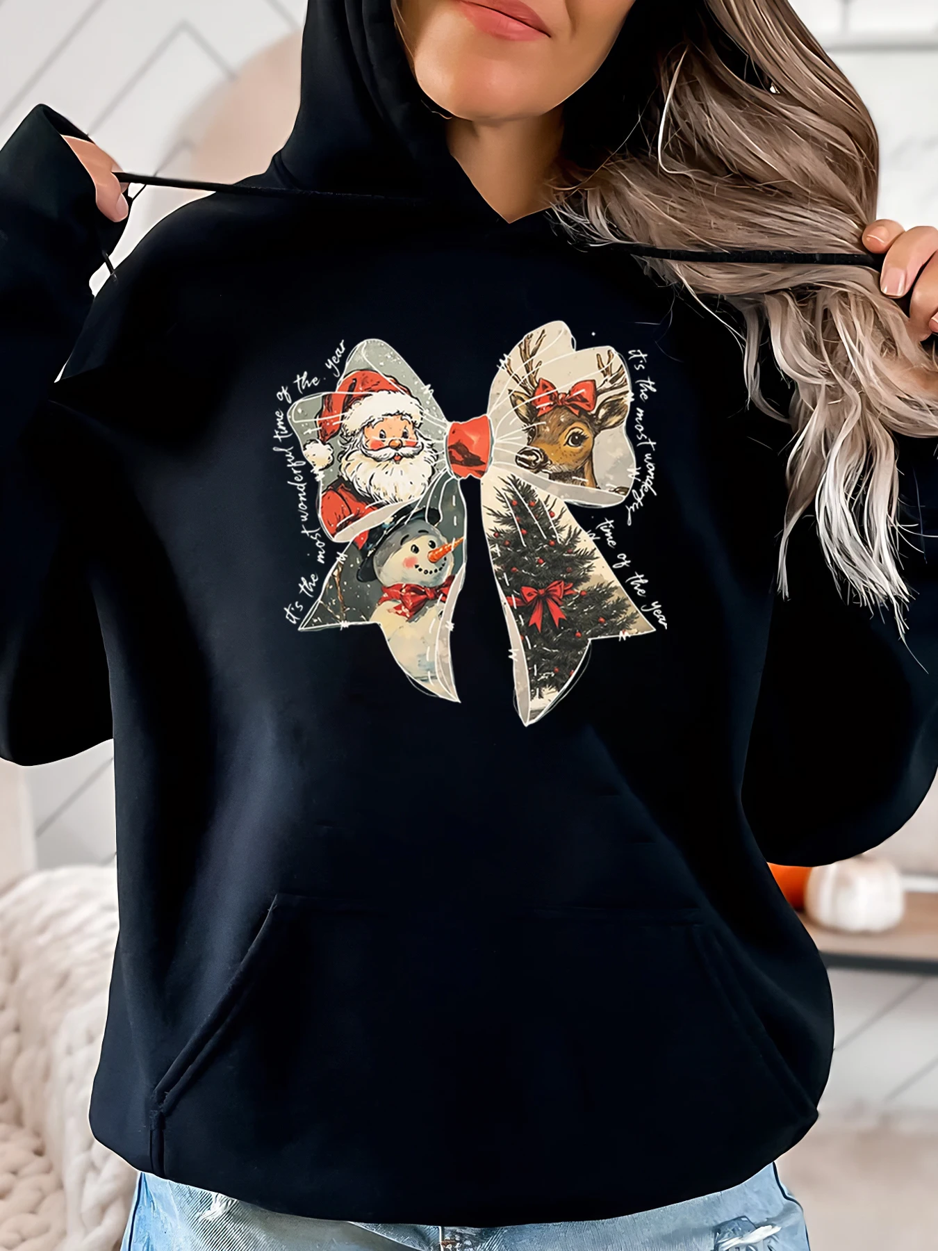 Kerstboog Kerstman Rendier Sneeuwpop Print Vakantie Hoodie Dames Casual Winterkleding Zwart Plus-Size