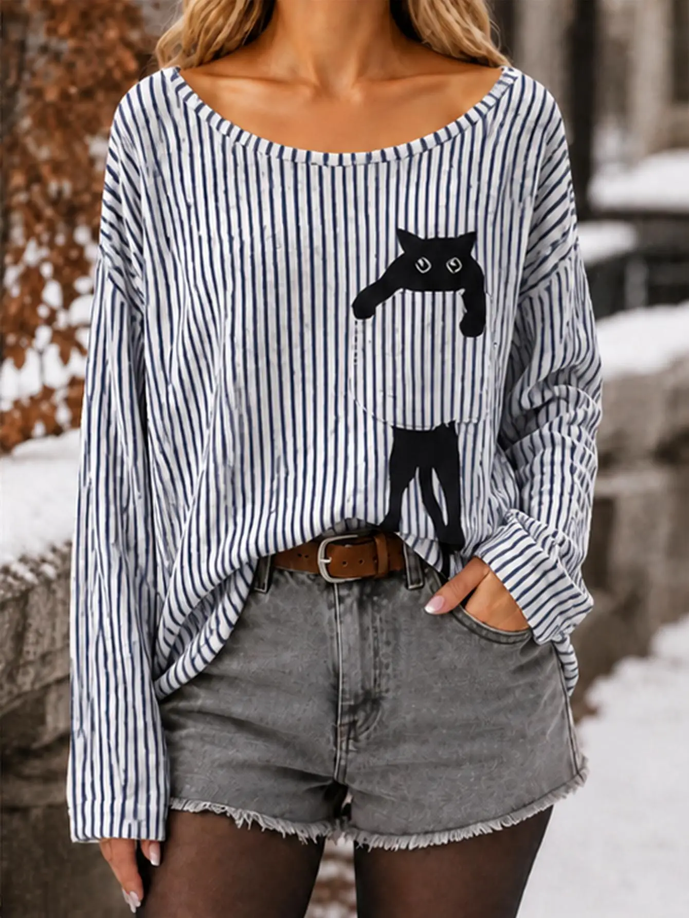 Plus Size Women Striped Black Cat Print Pocket Off‑Shoulder Halter Neck Sweater, Oversized Soft Chic Pullover for Autumn Winter