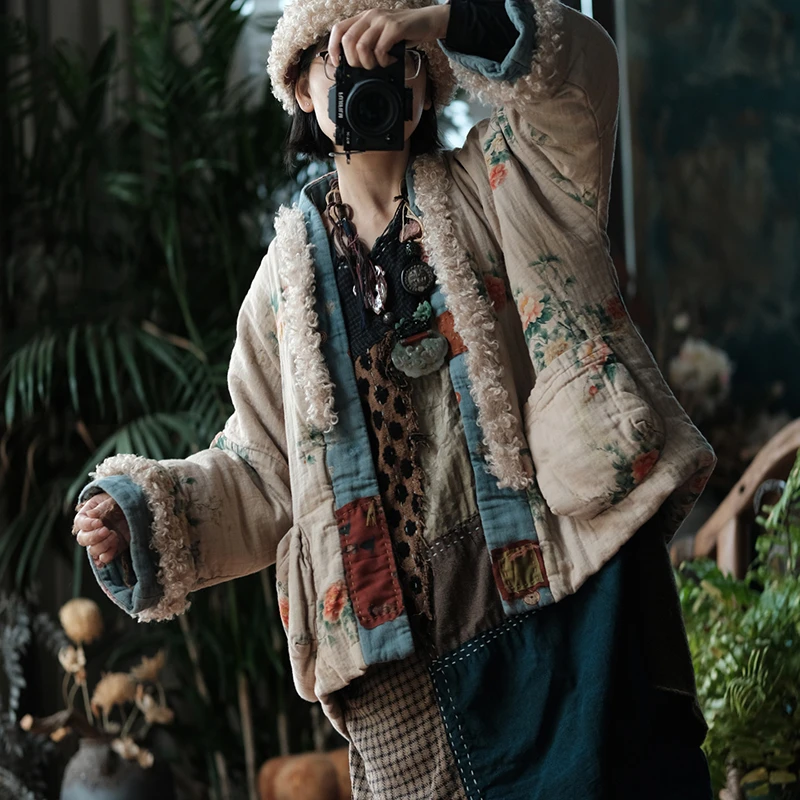 

100% Cotton Women Casual Coats New Arrival 2025 Winter Vintage Style Floral Print Loose Female Thick Warm Jackets M2160