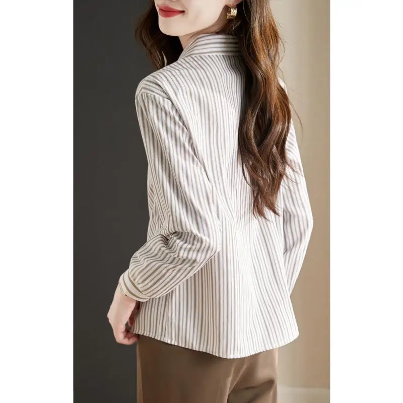 Threaded Splicing Vertical Stripe Shirt for Women New Polo Collar Long Sleeved Top Spring and Autumn Single Wear Stylish Shirt