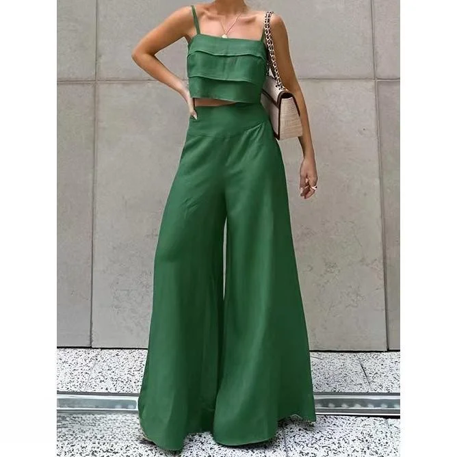 Faionable Sommer-Outfit, Strapsweste und Hose mit weitem Bein, lange Baumwollhose, zweiteiliges Set für Frauen im Alter von 8–25 Jahren