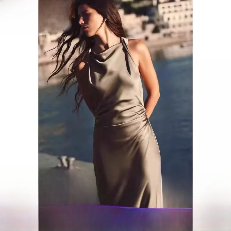 2024년 여름 유행 여성 미디 드 실크 새틴 텍스처 윈디 A라인 스커트 캐주얼 슬레 루즈 웨이스트 노 슬리브