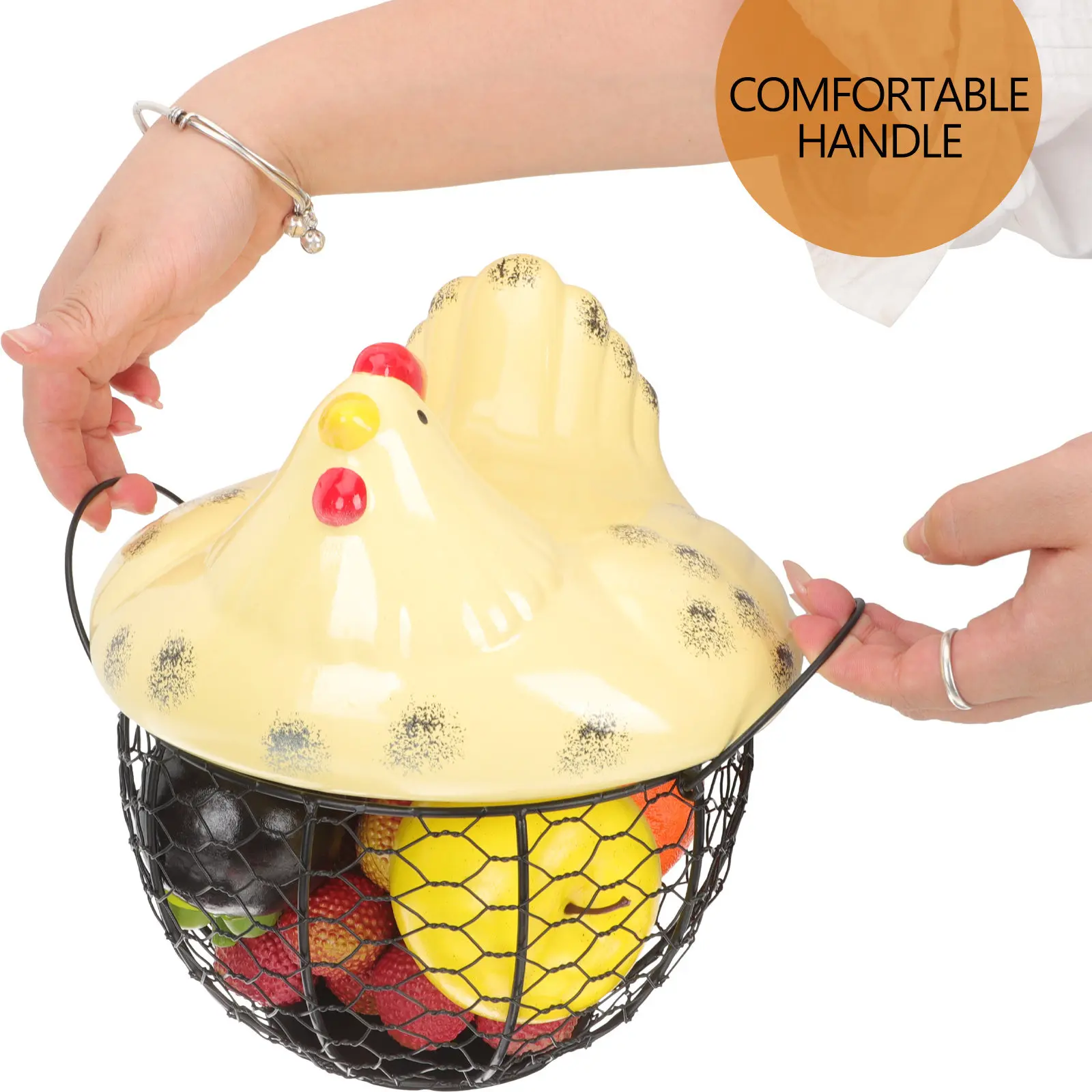 Ceramic and Steel Wire Hen Shaped Egg Basket Household Kitchen Storage Basket for Eggs Garlic Ginger Fruits Vegetables Farmhouse