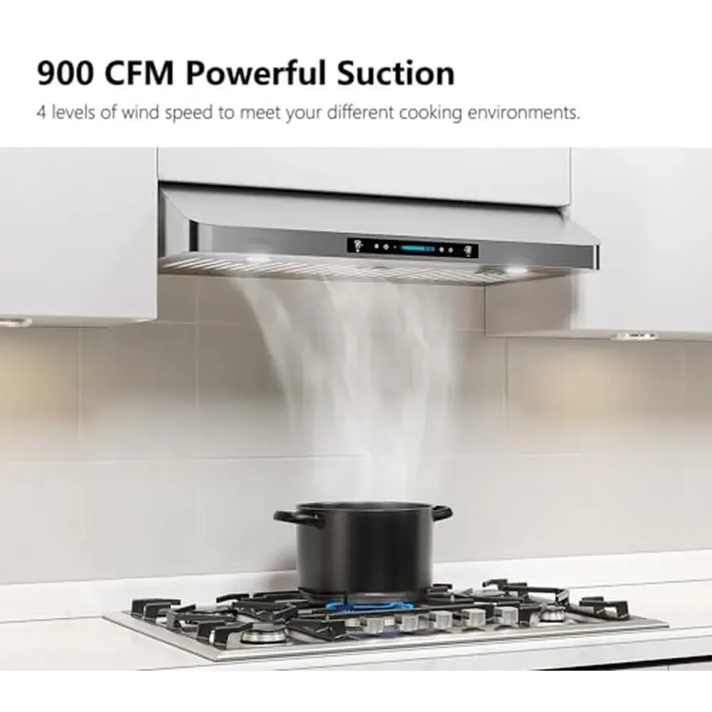 36-Inch Stainless Steel Kitchen Vent Hood 900-CFM Dual Motors Gesture Control Touch Panel LED Lights