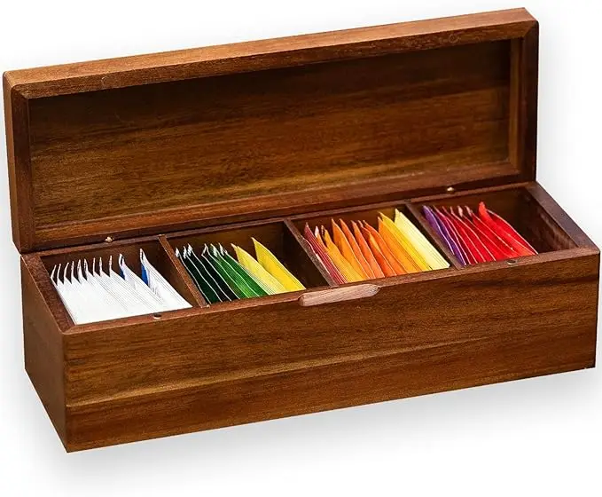 hot saltAcacia Wood Tea Storage Box 4 Compartment Tea Bag Holder Wooden Tea Bag Box for Kitchen Dining Coffee