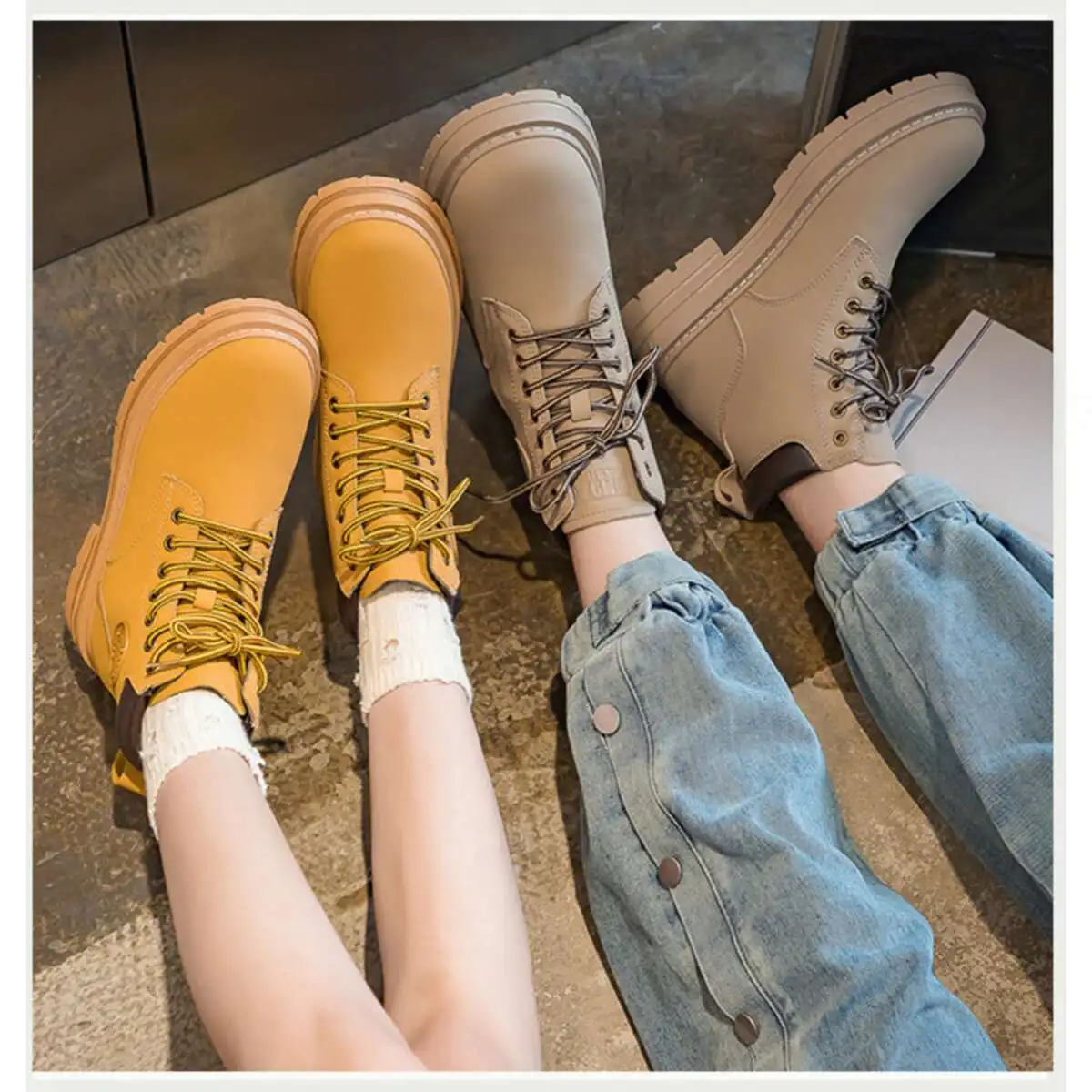 Couple Martin 2024 Automne Travail Femmes Courtes Instagram Semelle Épaisse Jaune Bottes Enfants_voghion.com
