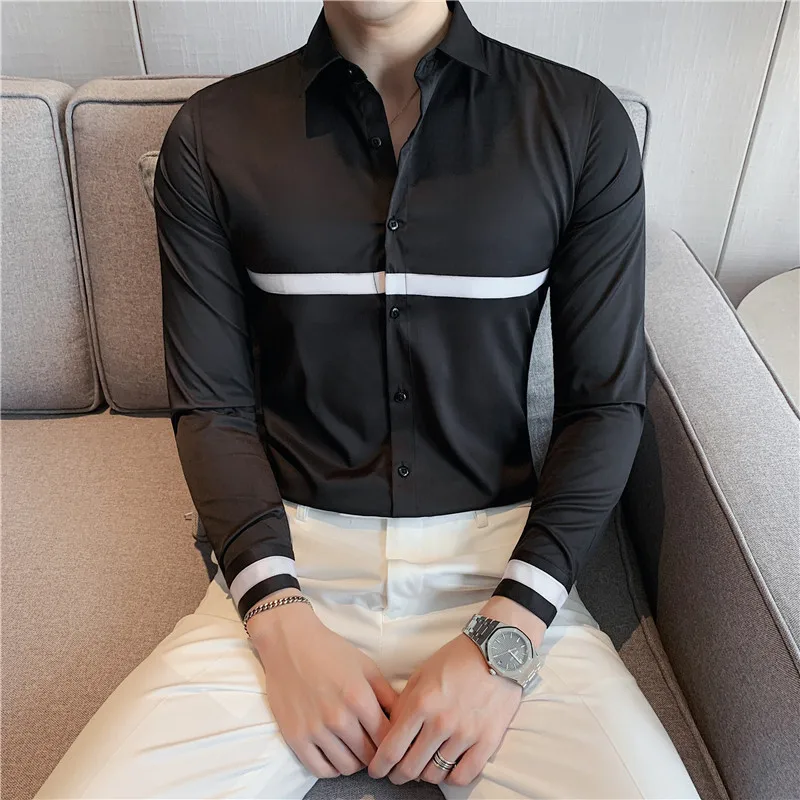 Autumn Long Sleeve Shirts Slim Fit Casual Business Formal Dress Shirts Ribbon Decoration Social Party Office Shirts Men Clothing