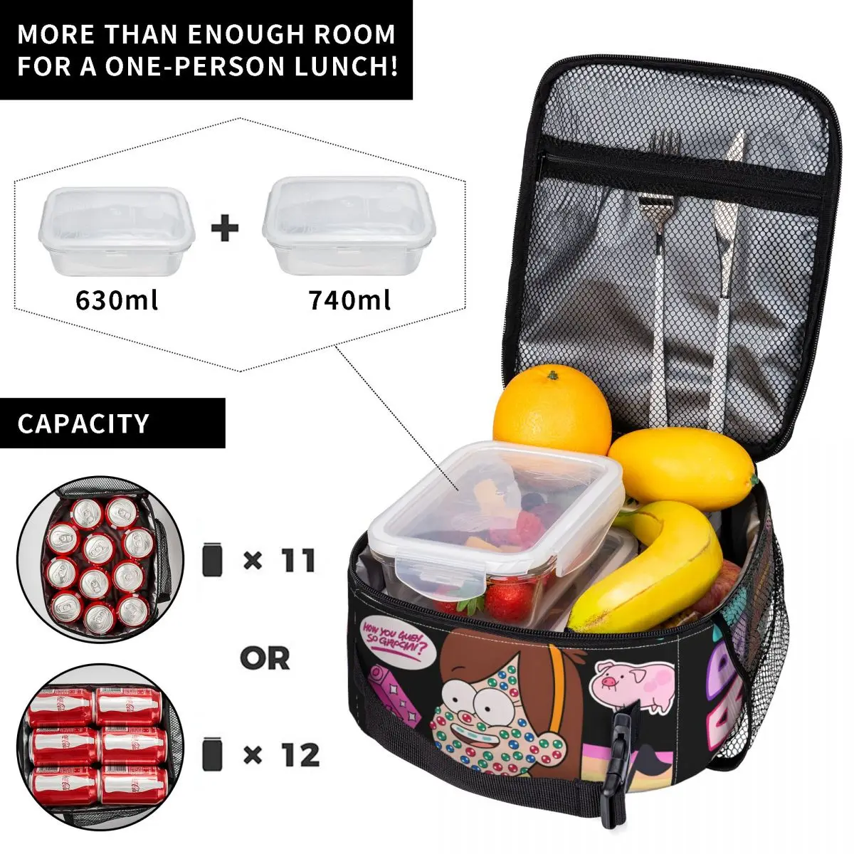 Gravity Falls Lunch Bag Funny Lunch Box For Women School Portable Insulated Cooler Bag Oxford Graphic Thermal Tote Handbags