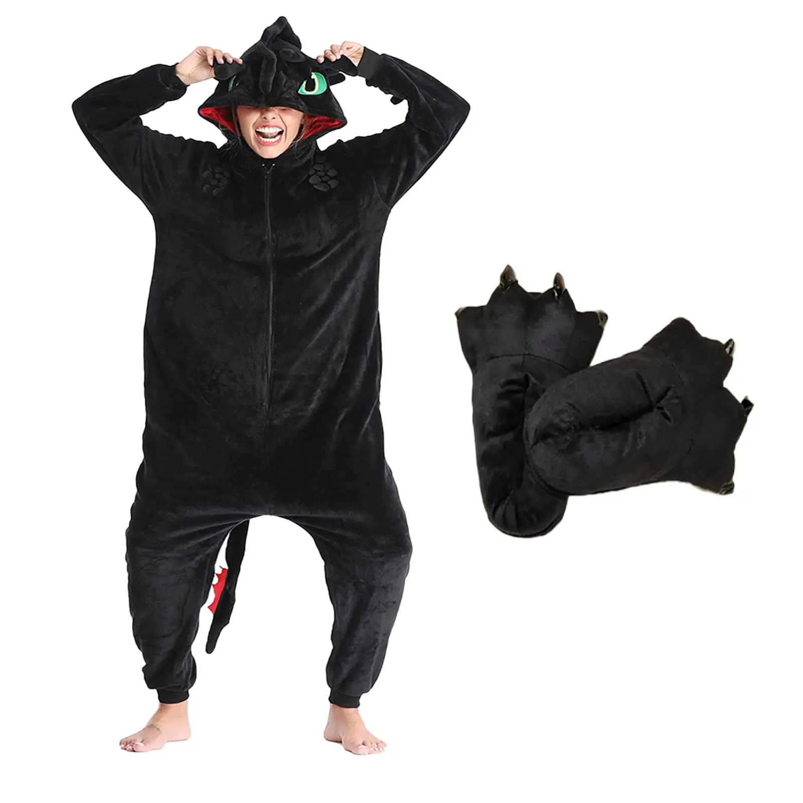 P-jsmen Toothless Pajamas with Shoes Animal Dragon Train Flannel Costume Winter Plush Onesie PJS Cosplay Family Woman Adult