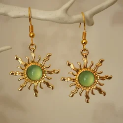 Vintage Sun Earrings Women Fashion Bohemian Jewelry Accessories Green Stone Gothic Gold Color Sun Pendant Cold Wind Ear Hook New