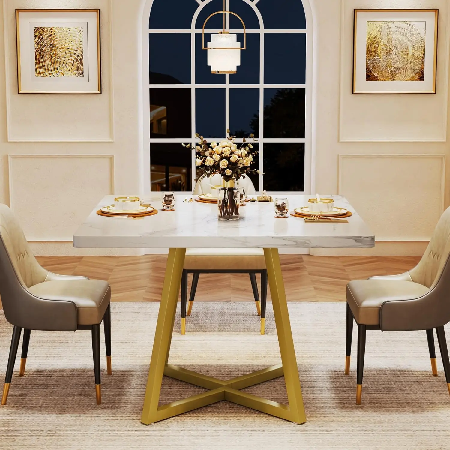 Modern 31.5' Square Dining Table for 2, White & Gold Metal Base, Small Space Kitchen or Apartment Use