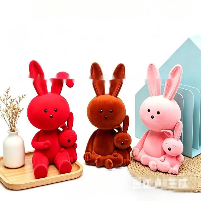Trendy Flocked Rabbit Resin Ornament Flocking Bunny Sculpture Desktop Craft Decor For Living Room Cabinet Bedroom Gift Figurine