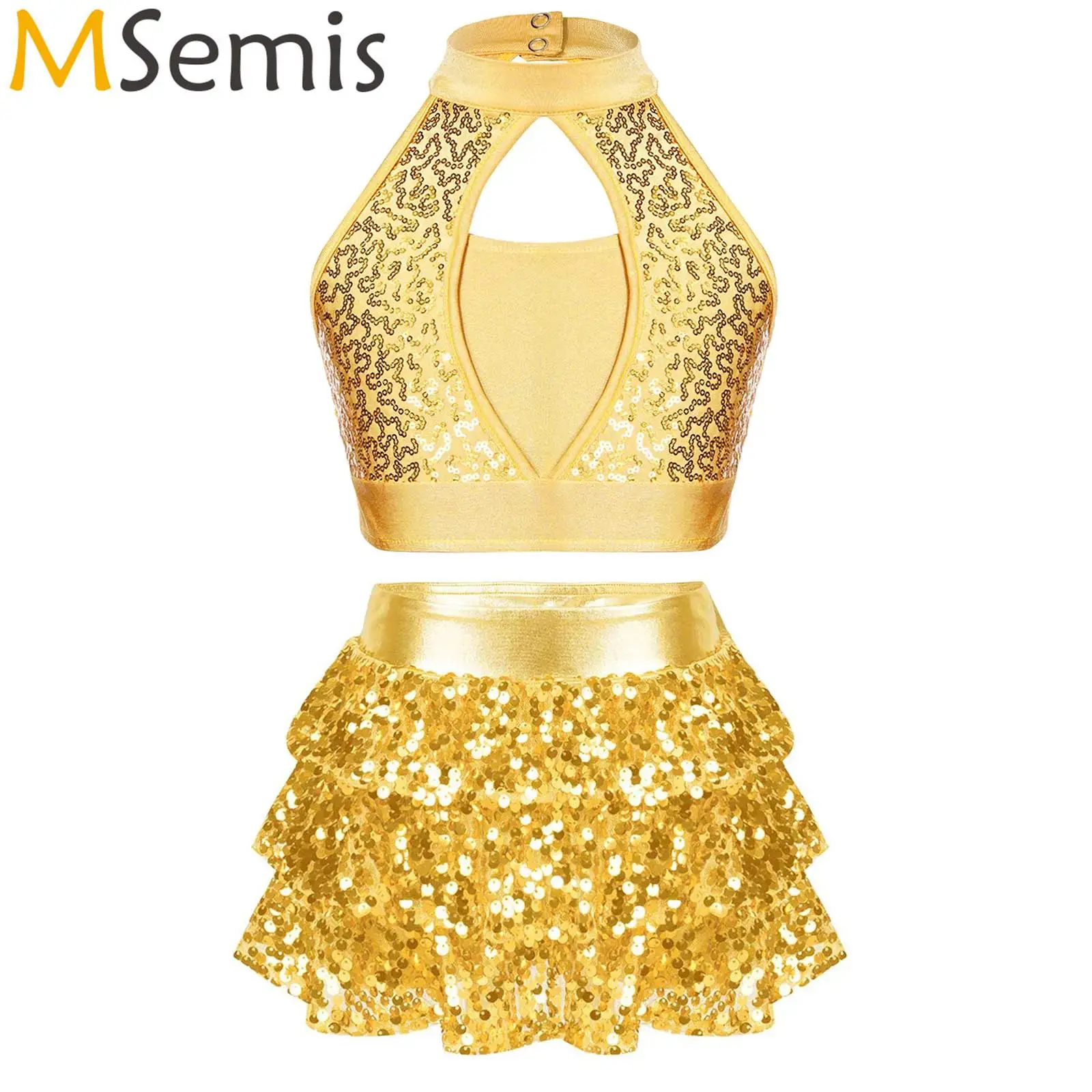 Stage Performance Sequin Crop Top para meninas, balé, jazz, dança, lantejoulas brilhantes, camadas, plissado, saia, shorts, crianças, culottes