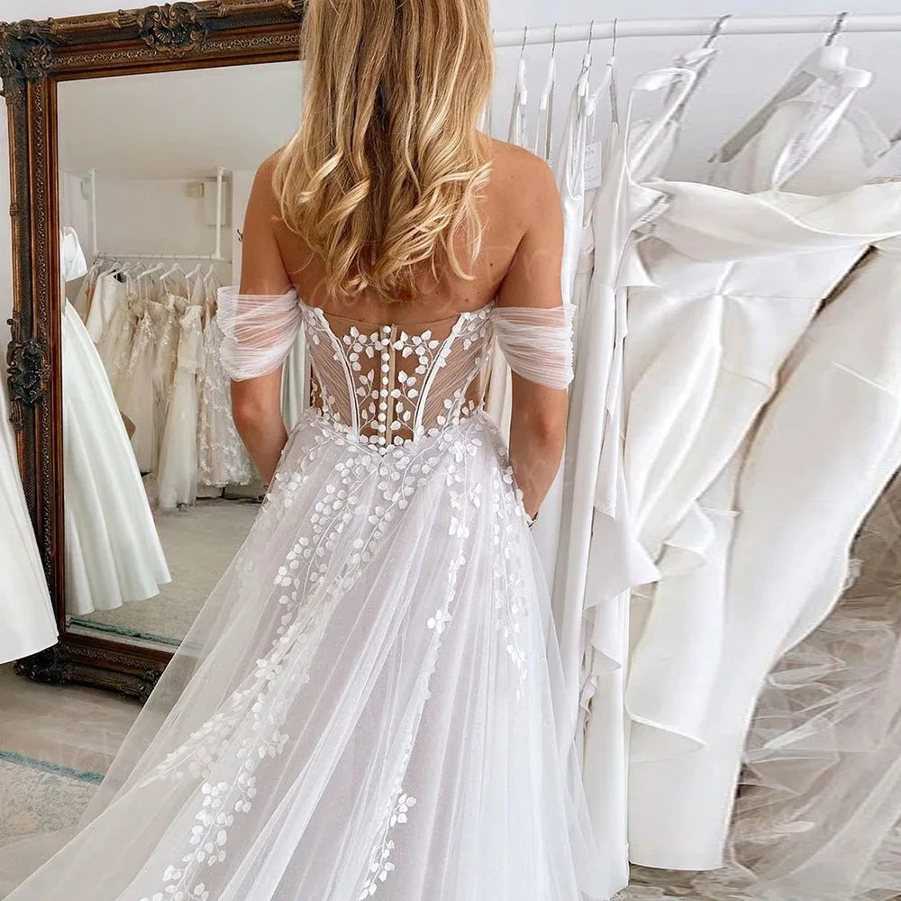Vestidos de novia elegantes de corte a para mujer, vestidos de novia sexys con hombros descubiertos, Apliques de encaje, vestido de novia sin espalda personalizado 2025