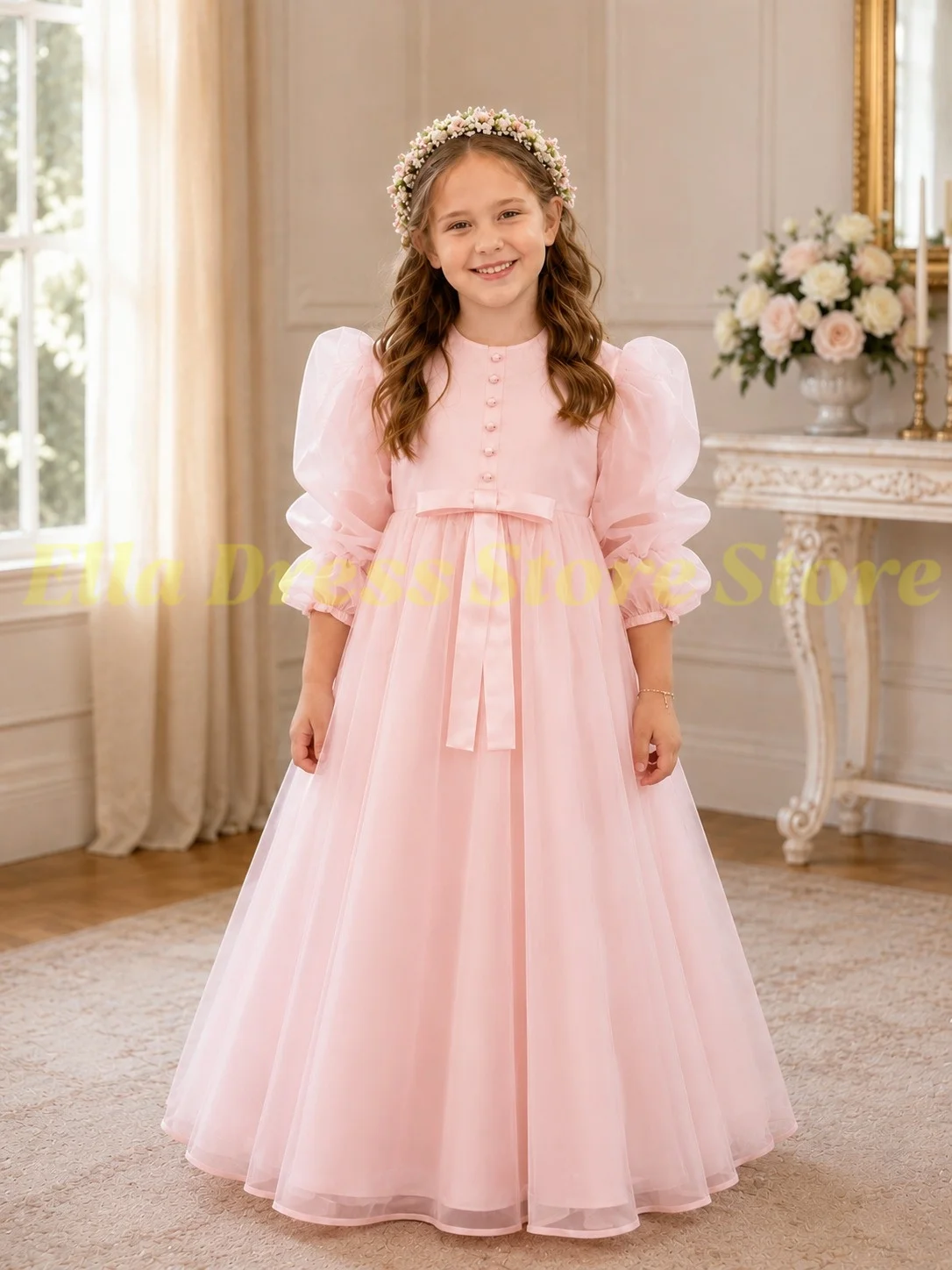Maßgeschneidertes Großhandels-Blumenmädchenkleid in Hellrosa für Hochzeit, 3/4-Ärmel, Brautjungfernkleid, Geburtstagsfeier, Erstkommunion, Ballkleid – Detail 4