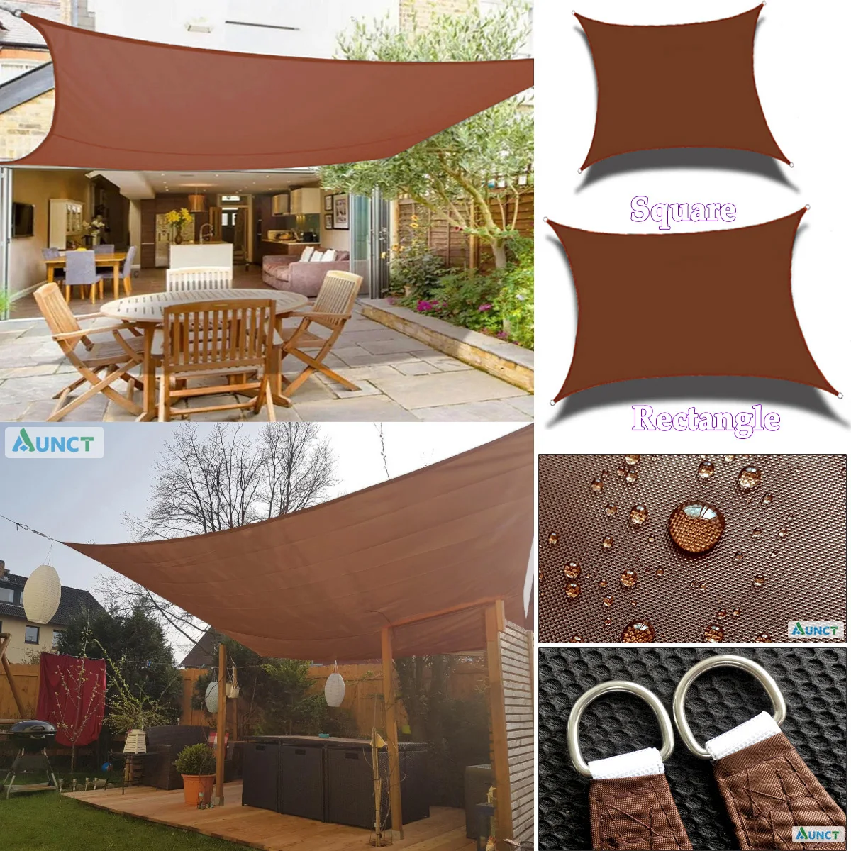 Brown Waterproof Sun Shade Sail All size Square Rectangle Triangle Garden Terrace Canopy UV-Block Shade Camp Hiking Yard Awnings