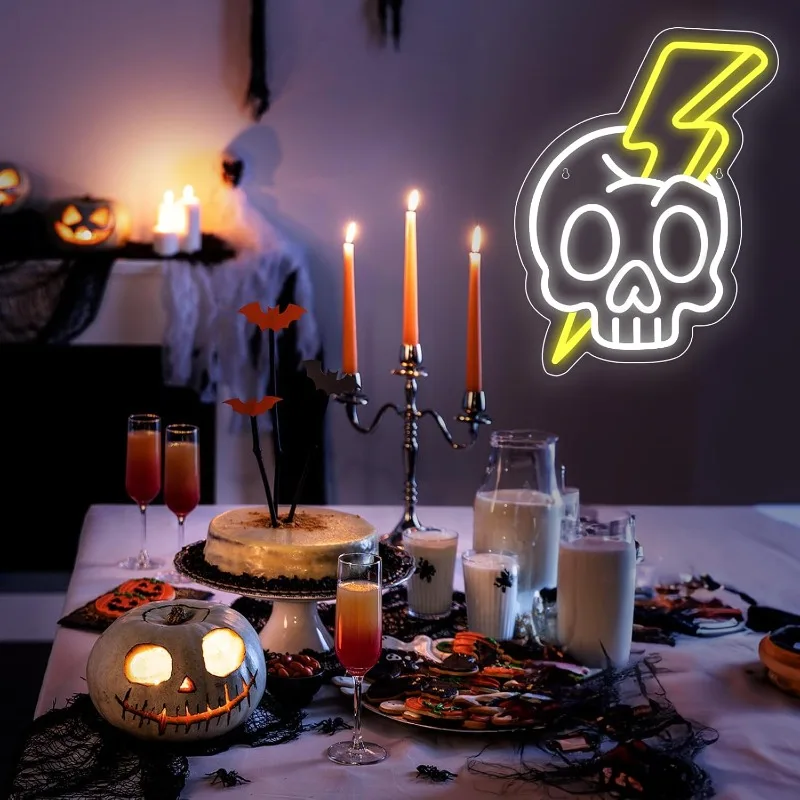 Halloween Light-up Decoration Neon Sign Skeleton LED Neon Light for Window Decor, Skull Decoration LED Decor for Home Indoor