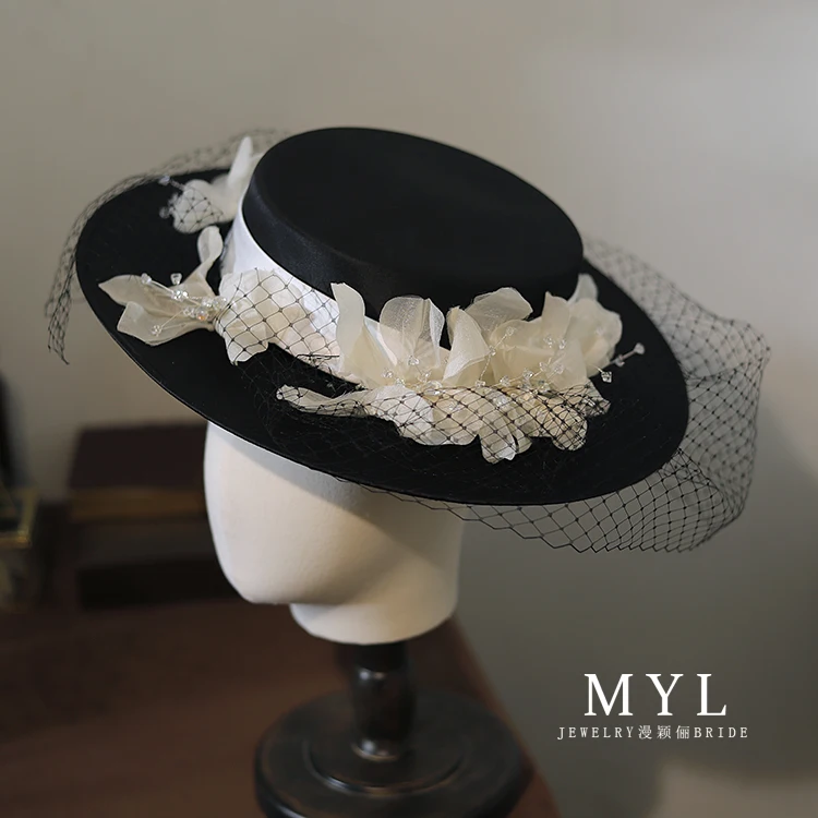 

Classic Black Satin Fedoras Women Face Veil Large Wedding Flower Fascinator Hats Chapeau Luxe Bride Photo Shooting Hat Headwear