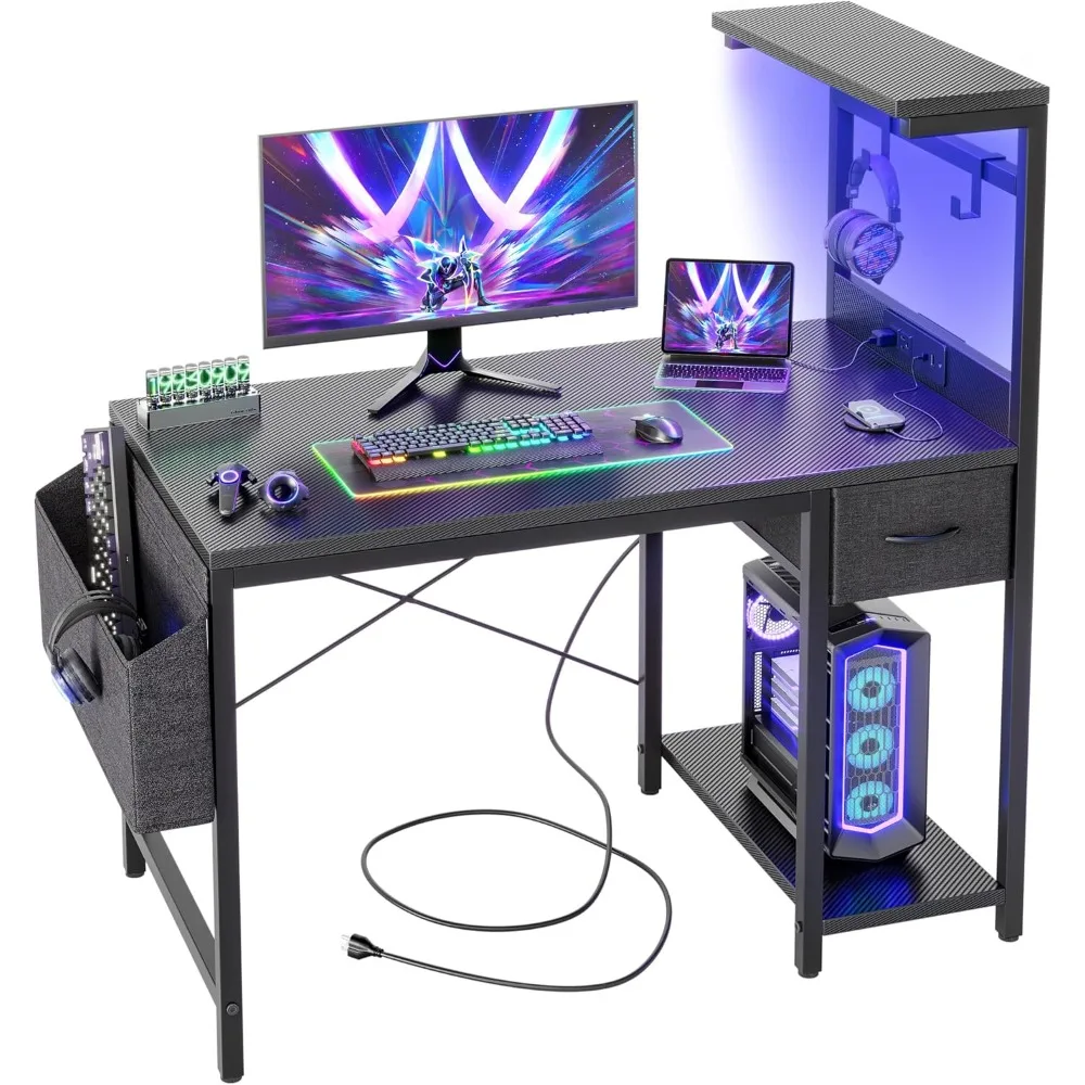 

Gaming Desk 40 Inch with Power Outlet LED Light Reversible Shelves Storage Drawer PC Table Home Office Desk Carbon Fiber