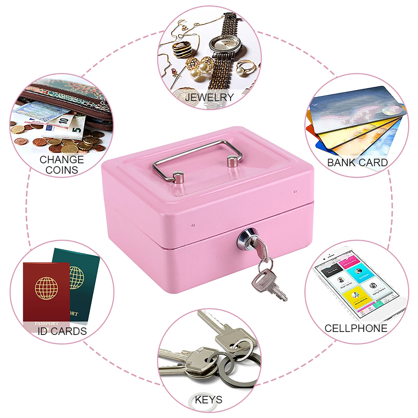 Security Lock Metal Safe Key Mini Portable Pink Steel Petty Lockable Cash Money Coin Safe Security Box Household