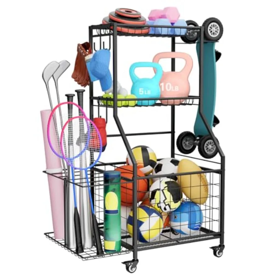 

WUC Sports Equipment Organizer Garage Ball Storage Rack with Basket Hooks Heavy Duty Rolling Ball Carts with Wheels for Toy Spo