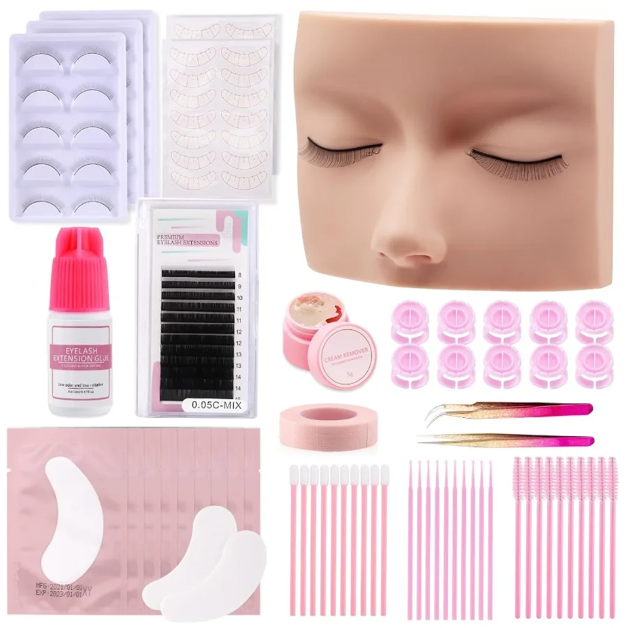 مجموعة الرموش الشاملة للمبتدئين مع كريم مزيل الصمغ لتمديد الرموش الاحترافي برأس عارضة أزياء للمبتدئين مع كريم ودقيق