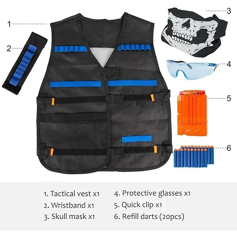HOTKids Kit gilet tattico per Nerfs ToyGun Series con ricarica freccette Ricarica clip Maschera tattica Fascia da polso e occhiali protettivi