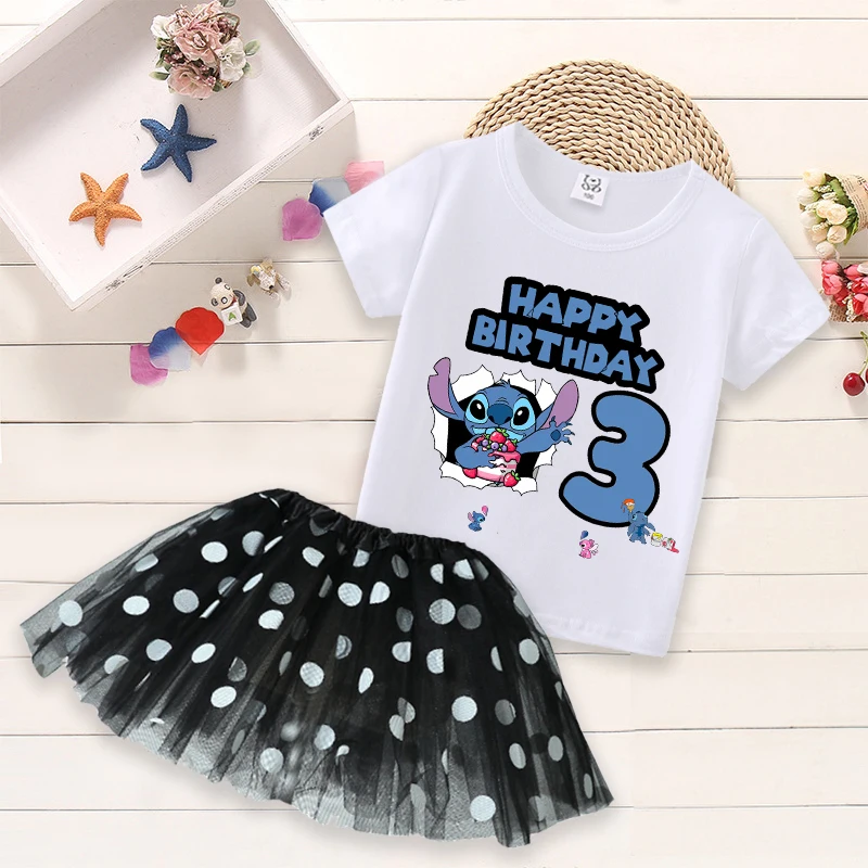 ديزني غرزة الاطفال طفل فتاة عيد ميلاد عدد الزي طباعة قصيرة الأكمام تي شيرت تول نقطة نمط تنورة عقال الملابس مجموعة