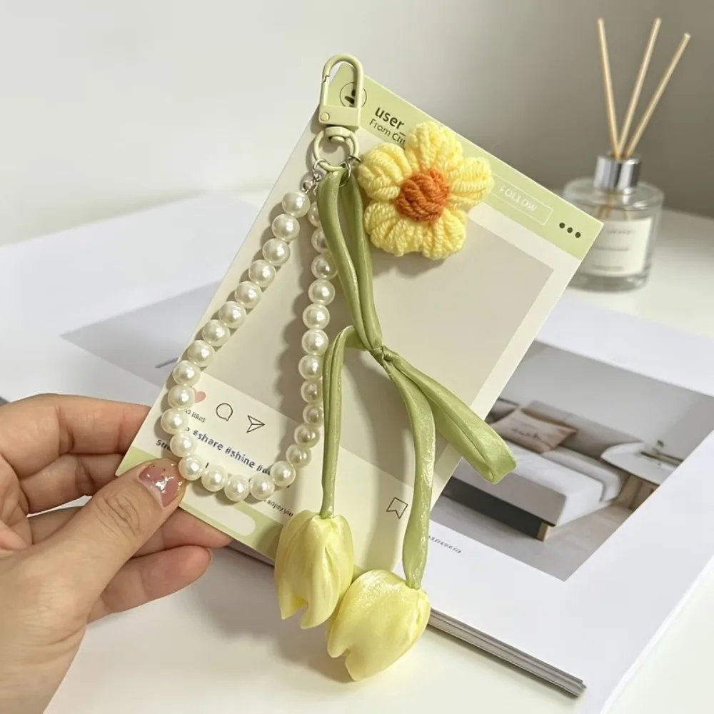 New Satin Ribbon Tulip Bag Charm Tulip Shape Crochet Flower Purse Pendant Easy Clip Floral Style Flower Bag Charm Handbag Charm