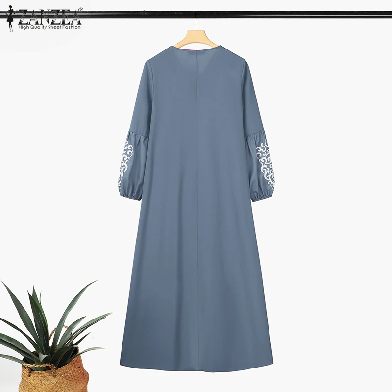 ZANZEA Fashion Turkey Muslim Dress Vintage Eid Mubarek Vestidos Woman Long Sleeve Neck Dresses Elegant Party Sundress Oversized