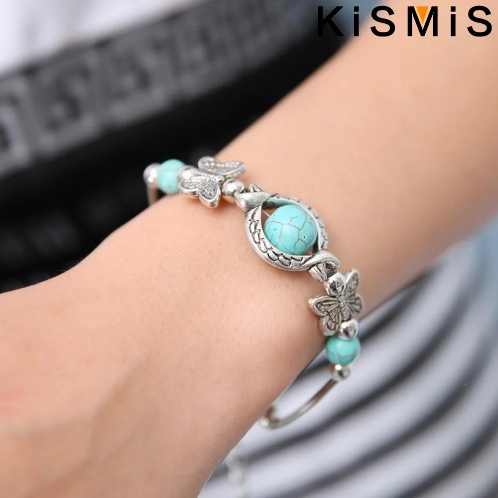 KISMIS 1 pieza de cuentas turquesas bohemias, pulsera de mariposa, dije, cadena ajustable para la muñeca, joyería para mujeres y niñas